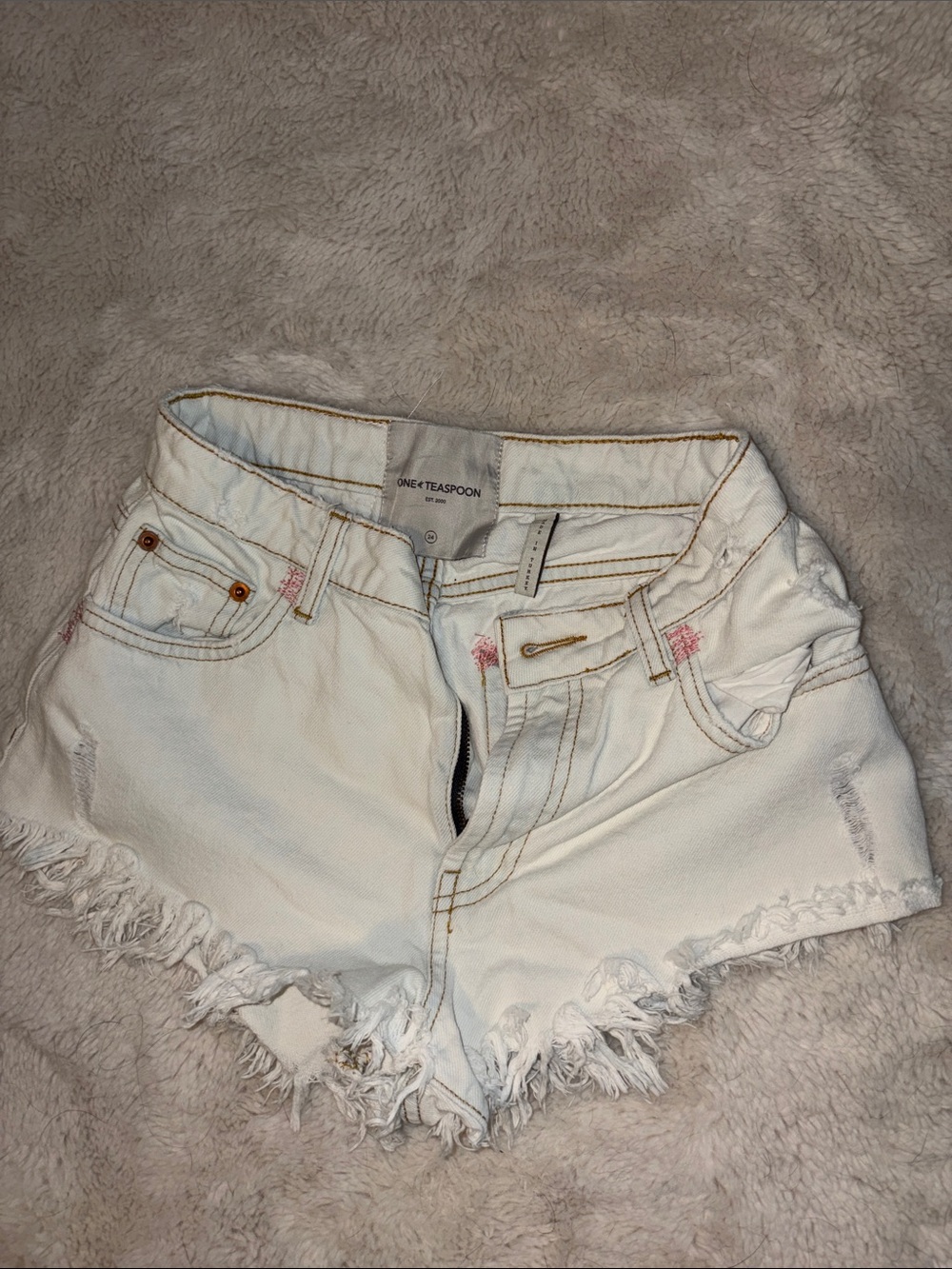 One Teaspoon White Distressed Frayed Hem Denim Shorts